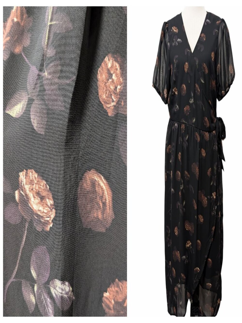 Disturbia Womens NWT Size 12 Monica Black Brown Floral Chiffon Midi Wrap Dress